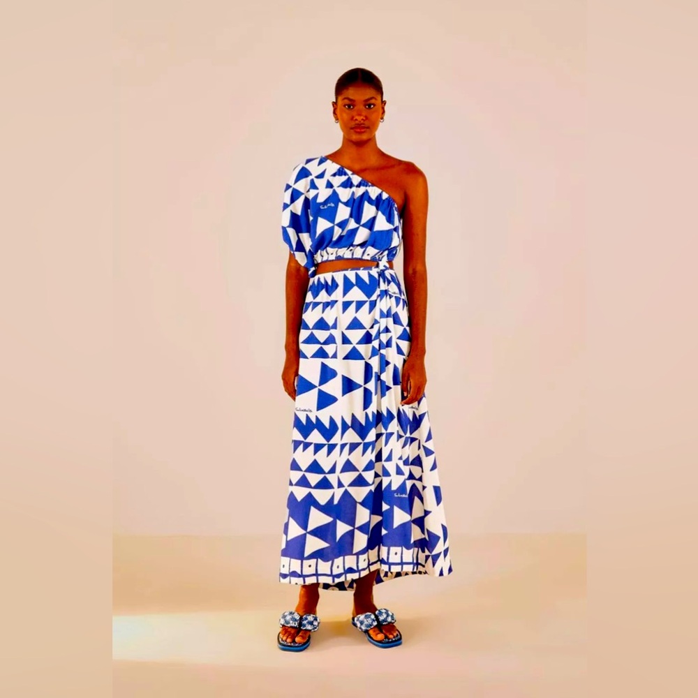 Farm Rio Blue Tiles One Shoulder Maxi Dress J Lo Miami Resort Luxe - Picture 7 of 14